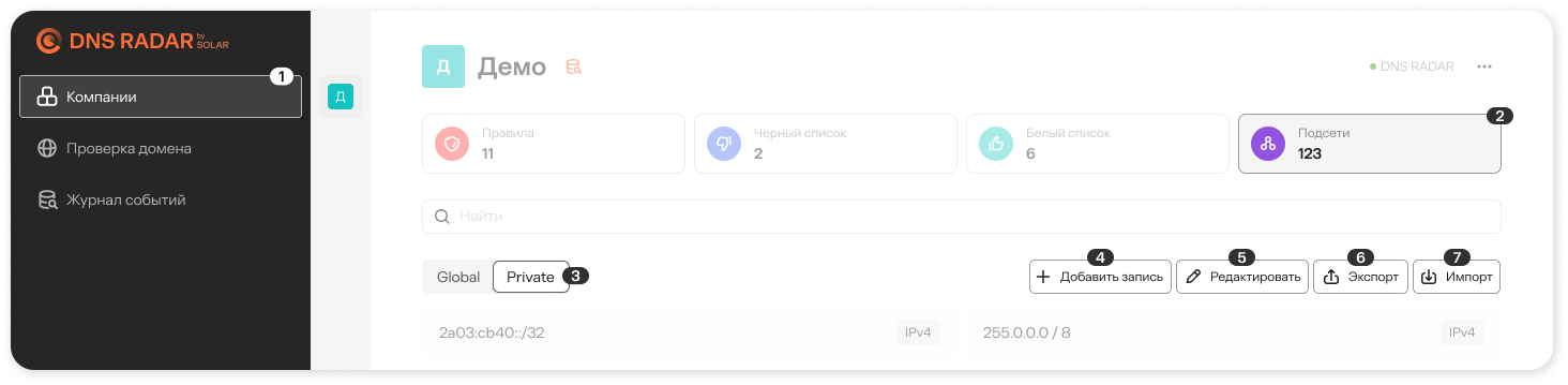 Окно настроек подсетей
